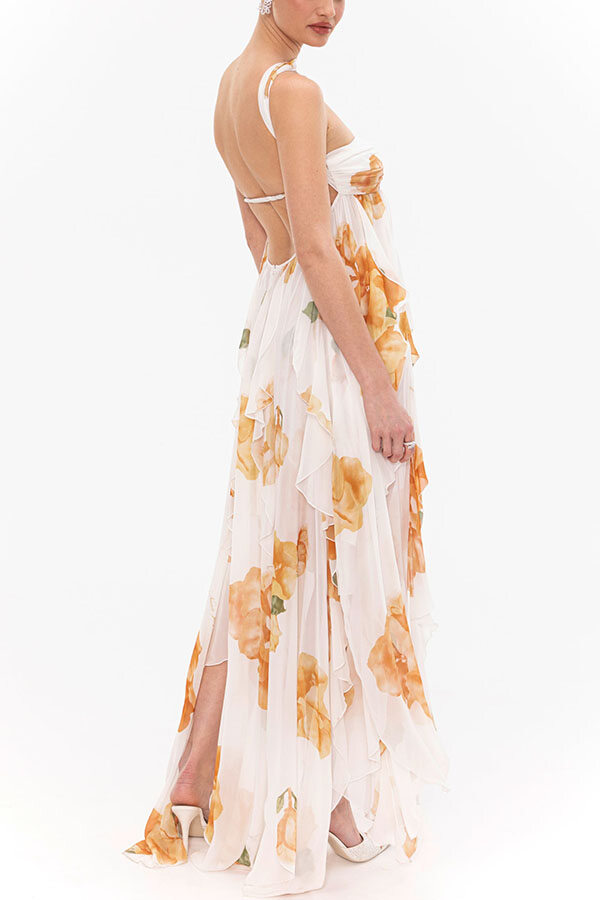 Romance and Freedom Floral Print Ruffles Halter Backless Slit Maxi Dress-consonak