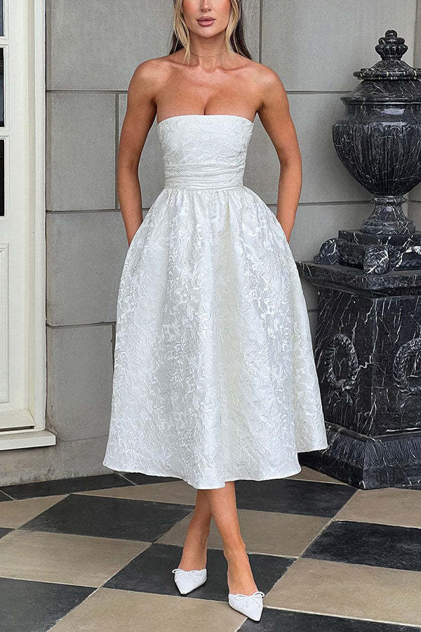 Jacquard Fabric Strapless Open Back Elegant Slim Midi Dress-consonak