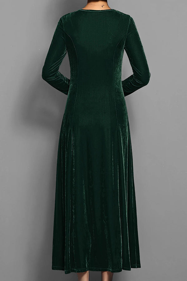 Solid Color Velvet Round Neck Long Sleeve Slim Midi Dress-consonak