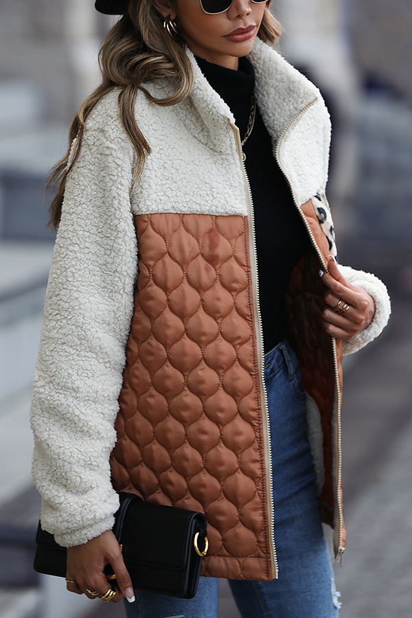 Casual Patchwork Plush Long Sleeve Leopard Print Pocket Loose Zipper Jacket-consonak