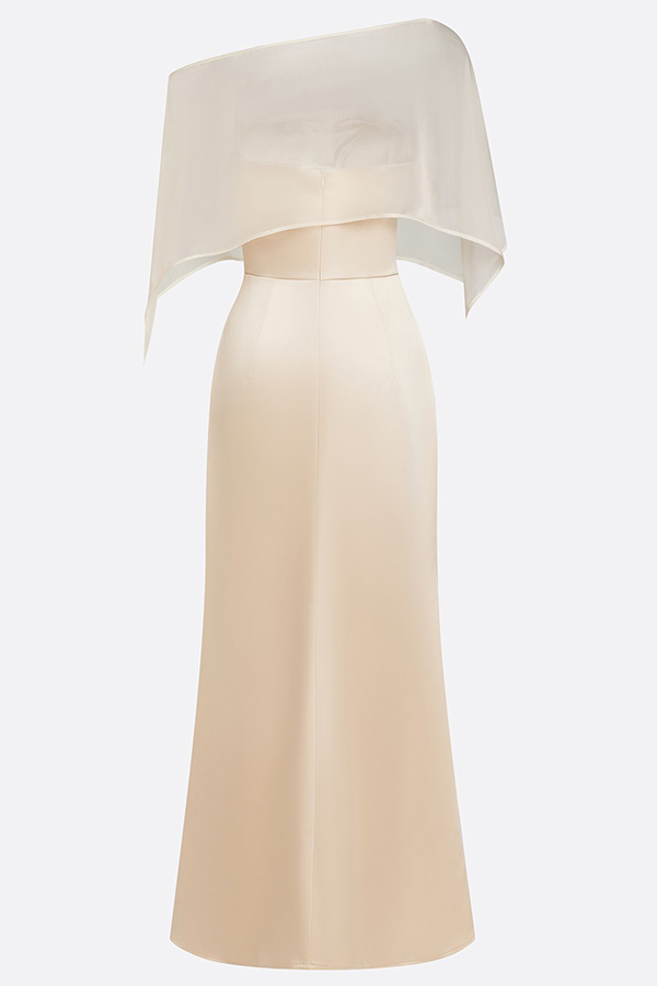 Lucero 3D Floral Satin Boat Neck Short Sleeve Sheath  Capelet Gown Maxi Dress