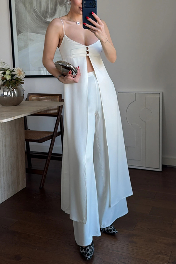 Giselle Satin Front Button Cutout Slit Midi Top and Elastic Waist Loose Pants Set