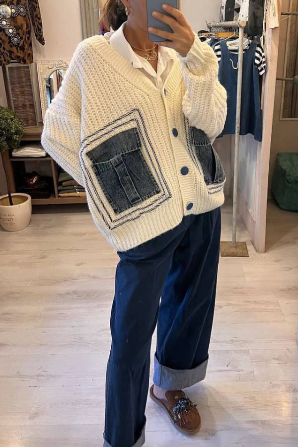 Fashionable Loose Spliced ​​denim Pocket Knitted Sweater Cardigan-consonak