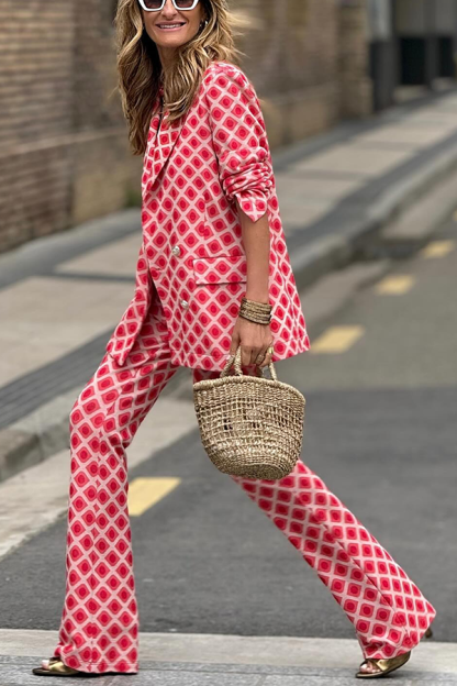 Chic Lady Unique Print Metal Button Pocketed Lapel Blazer and Elastic Waist Flare Pants Set-consonak