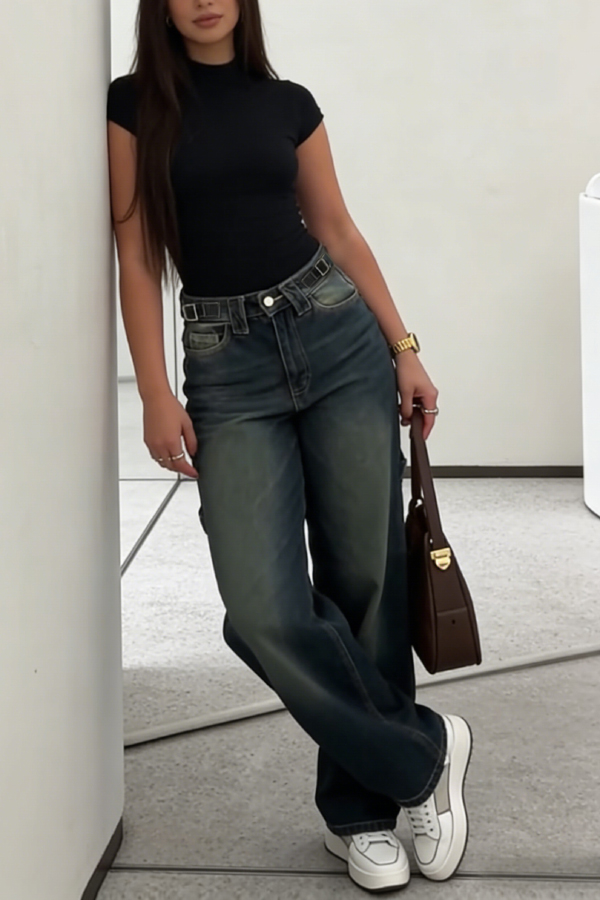 Stylish High-waisted Loose-fitting Pocket Casual Straight-leg Wide-leg Jeans-consonak
