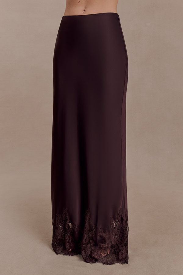 Nina Satin Lace Detail Mid Rise Flare Drape Maxi Skirt-consonak