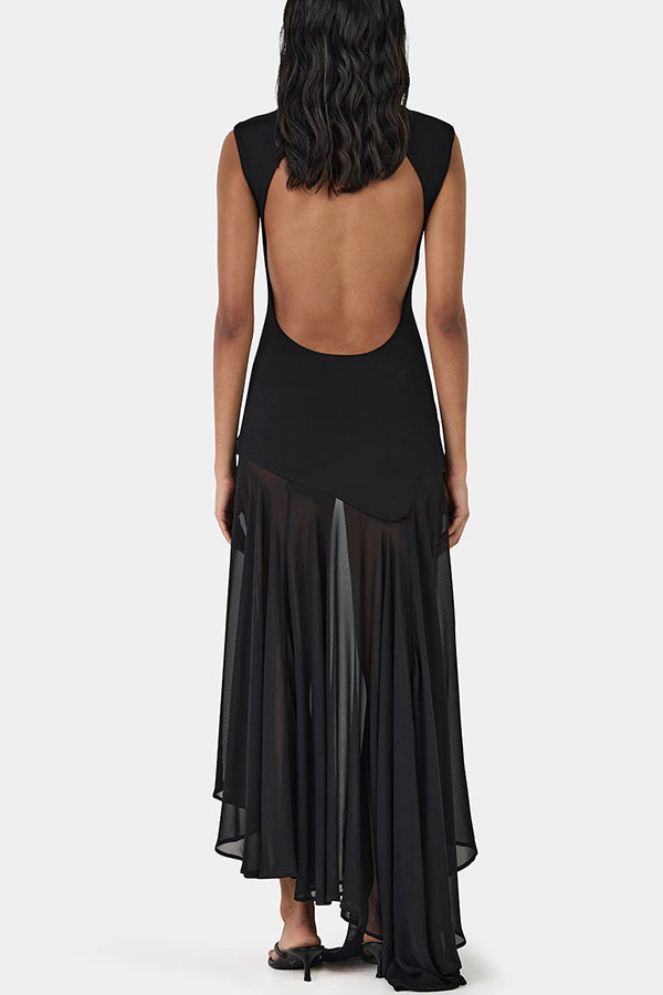 Alice Open Back Asymmetrical Tulle Hem Stretch Maxi Dress-consonak