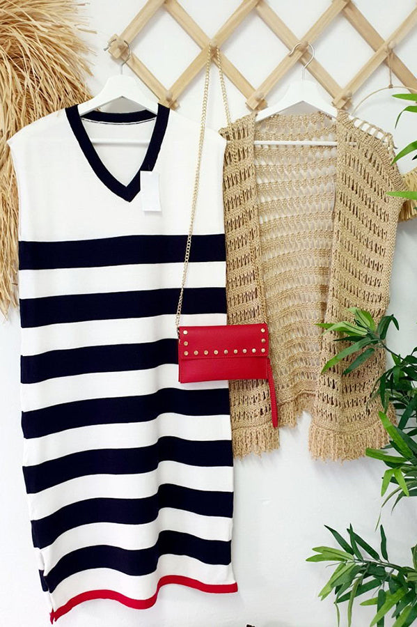 Cutest In The Room Striped V-neck Loose Slit Midi Dress-consonak