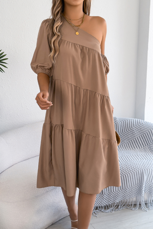 Solid Color Loose Slash Neck Short-sleeved Casual Midi Dress-consonak