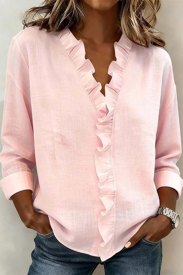 Solid Color Ruffled V-neck Long-sleeved Loose Casual Shirt