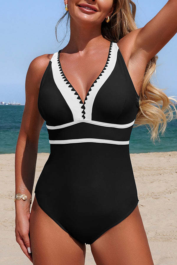 Stylish Color-blocked V-neck Stretch One-piece Swimsuit-consonak