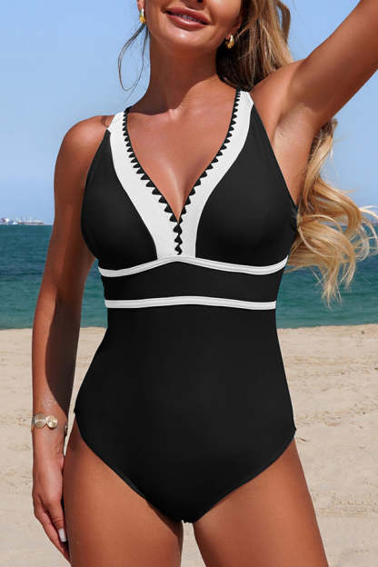 Stylish Color-blocked V-neck Stretch One-piece Swimsuit-consonak