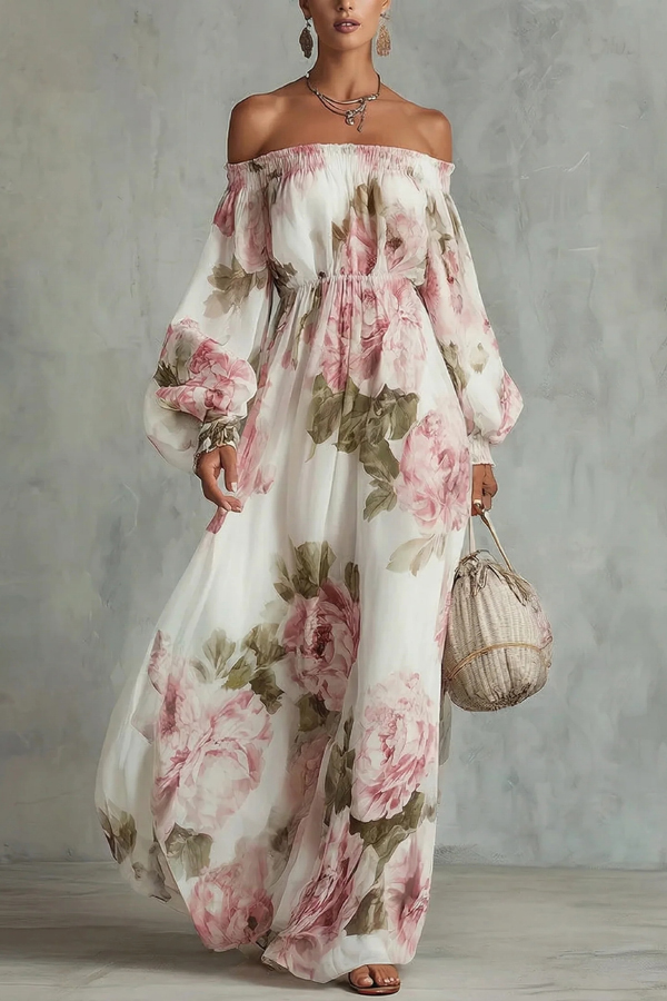 Floral Print Off-Shoulder Long-Sleeve Elastic Waist-Defining Maxi Dress | Consonak