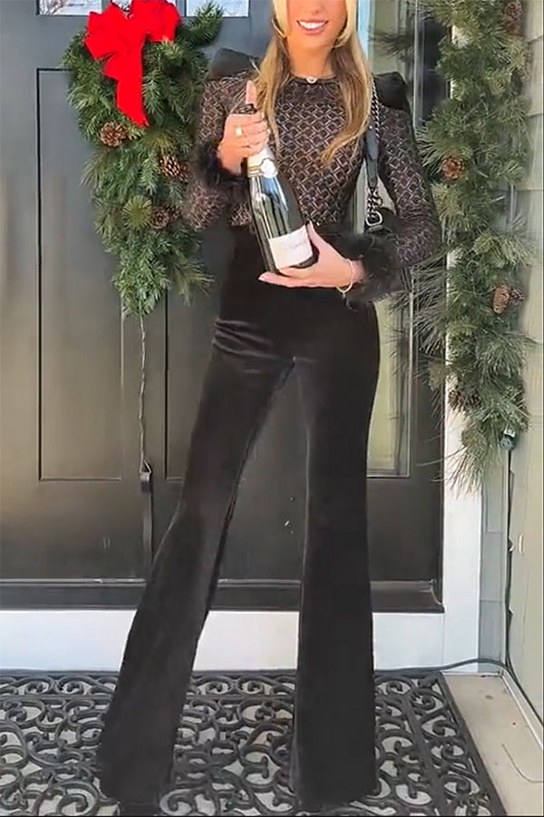 Monique Fish Scale Lace Sequin Velvet Patchwork Feather Trim Belted Stretch Flare Jumpsuit-Consonak