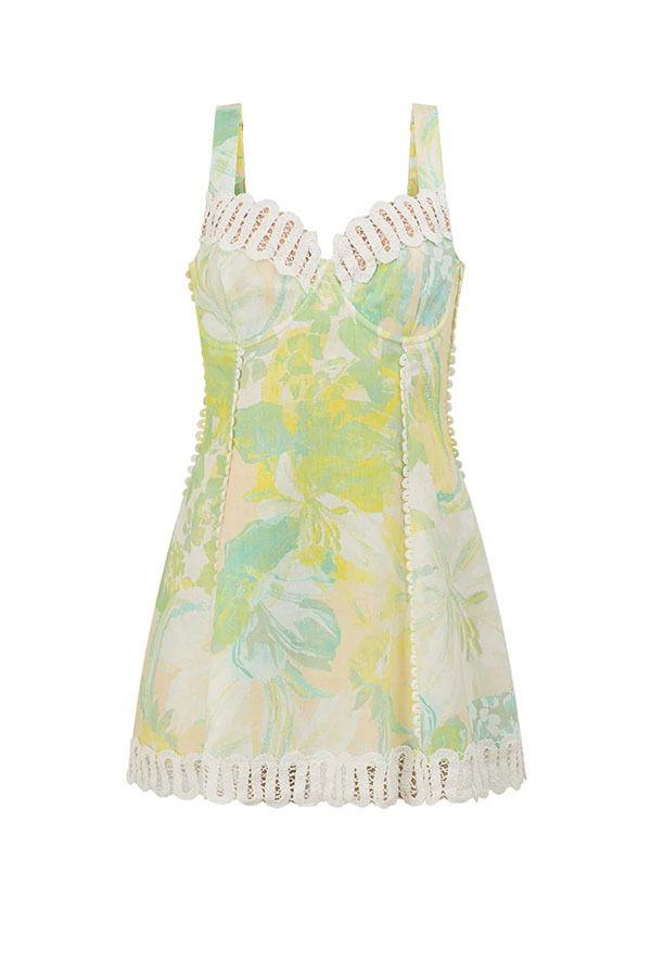 Stelle Linen Blend Floral Print Crochet Zig Zag Trim Back Lace-up Mini Dress-consonak