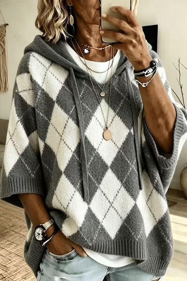Comfortable and Casual Knit Color-blocked Plaid Print Half Sleeve Hoodie Sweater-Consonak