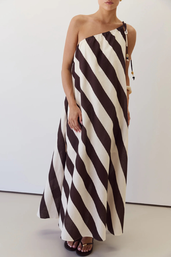 Fashionable Striped Print Loose One-shoulder Tie Vacation Maxi Dress