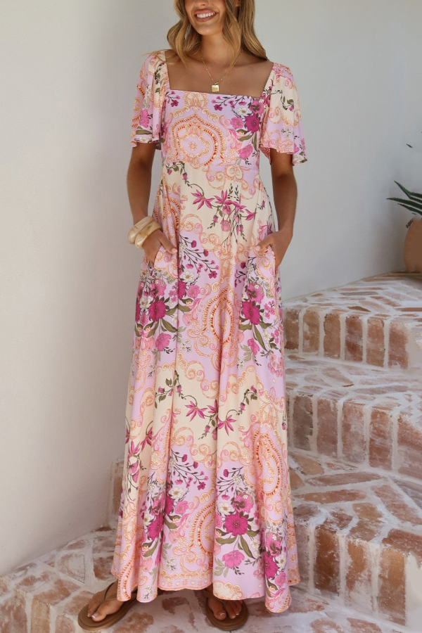 Plant Print Short-sleeved Square Neck Casual Pocket Holiday Midi Dress-consonak