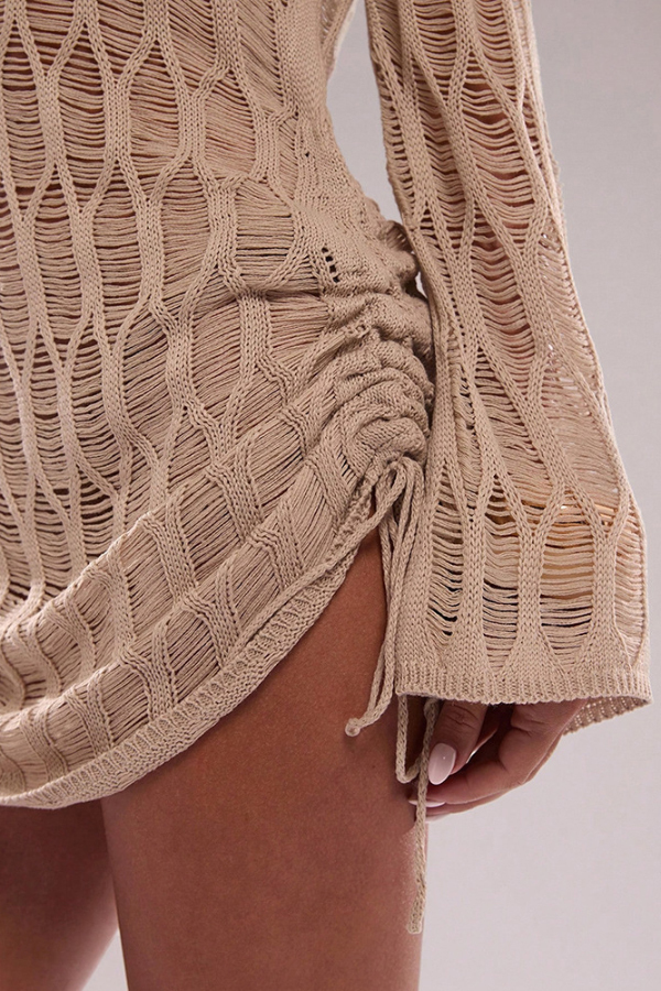 Fashionable Sheer Long-sleeved Backless Tie Slim-fit Mini Dress-consonak