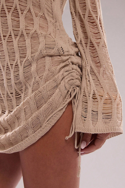 Fashionable Sheer Long-sleeved Backless Tie Slim-fit Mini Dress-consonak