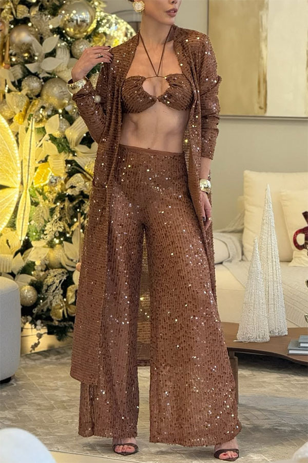 Seaside Whisper Sequin Open Front Long Sleeve Loose Cover-up