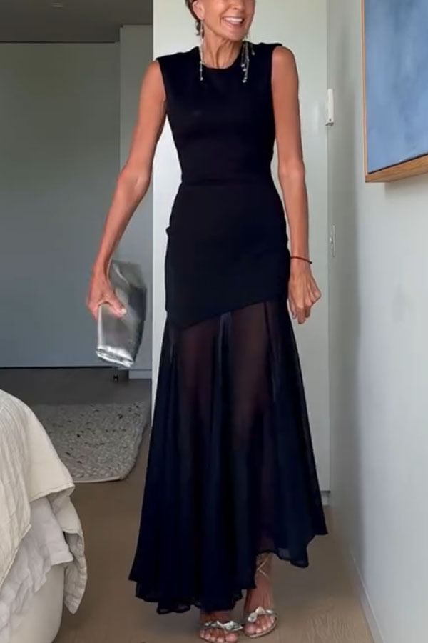 Alice Open Back Asymmetrical Tulle Hem Stretch Maxi Dress-consonak