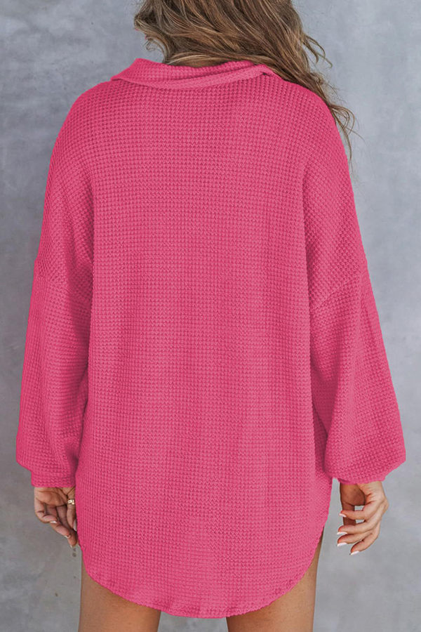 Solid Color Waffle Loose Casual Knitted Pocket Top-consonak