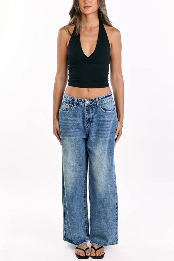 Retro-style Loose Heart-shaped Back Pockets Wide-leg Jeans