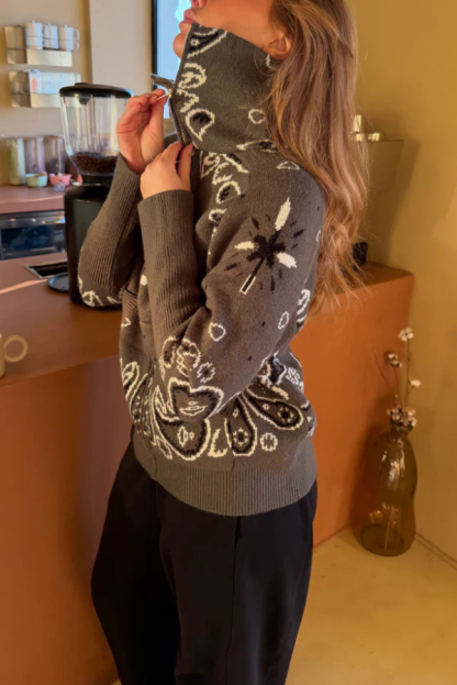 Fashionable Jacquard Turtleneck Long-sleeved Casual Zip-up Pocket Knit Top