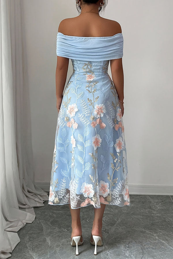 Elegant Ruched Off-Shoulder Floral Appliqué Midi Dress-Consonak