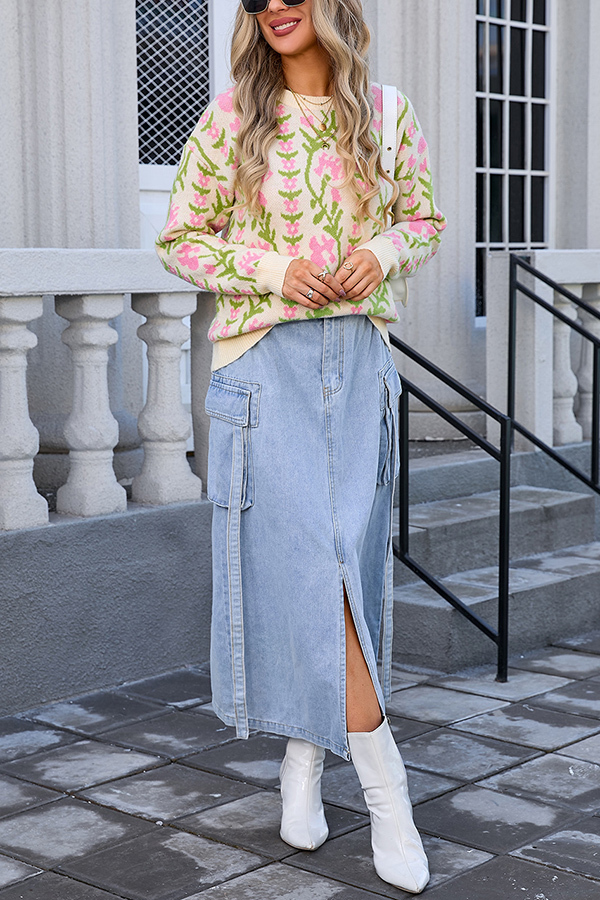 Fashionable Floral Knitted Crew Neck Casual Sweater-consonak