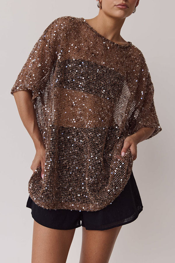 Edela Sheer Sequin Knit Fabric Short Sleeve Oversized Cover-up Tee-consonak