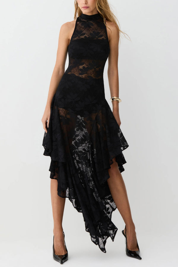 Fashionable Sheer Lace Sleeveless Fitted Ruffled Irregular Midi Dress