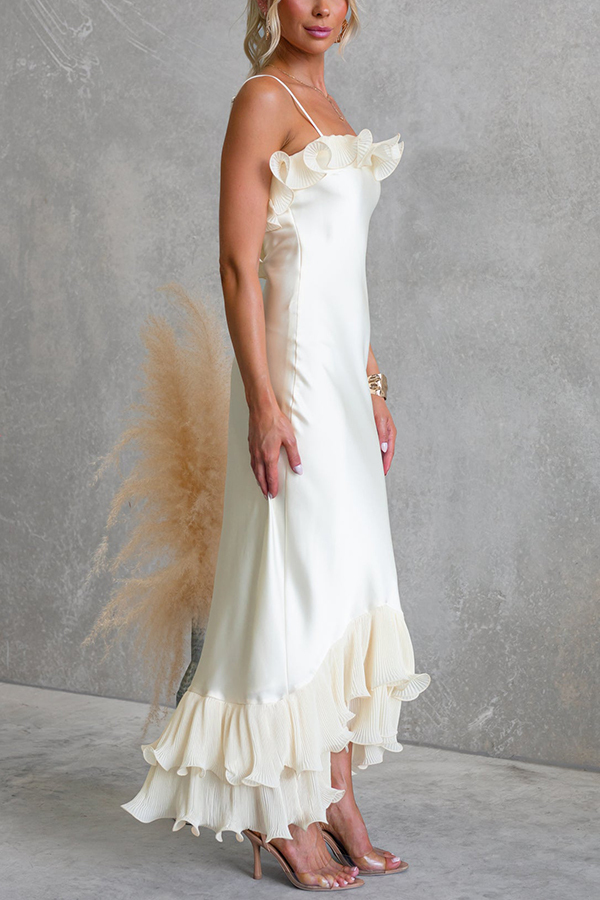 Bella Satin Pleated Chiffon Ruffle Details Slip Maxi Dress