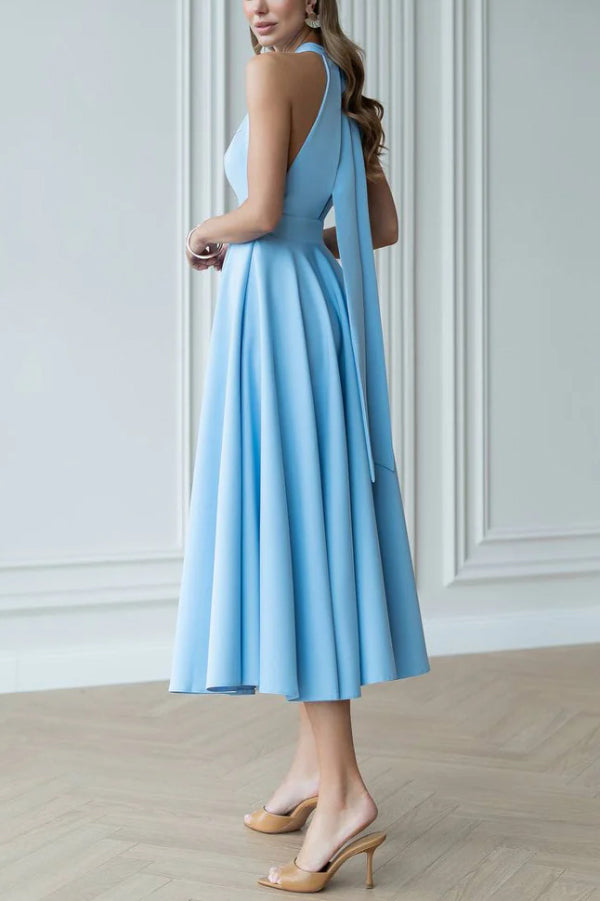 Solid Color Halter Neck Bow Tie Elegant Waist-cinching Midi Dress-consonak