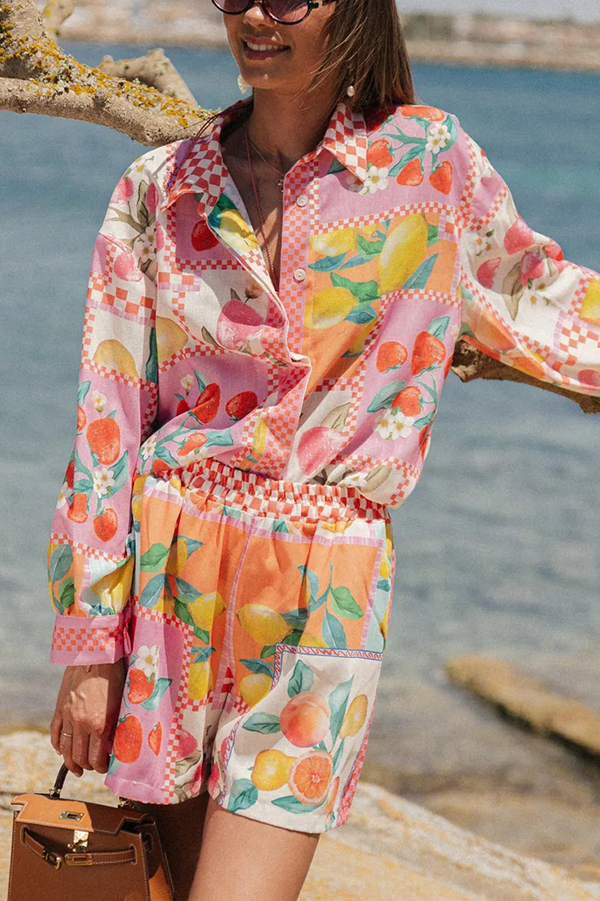 Leisurely Outings Summer Fruit Print Loose Long Sleeve Shirt and Elastic Waist Pocket Shorts Set-consonak