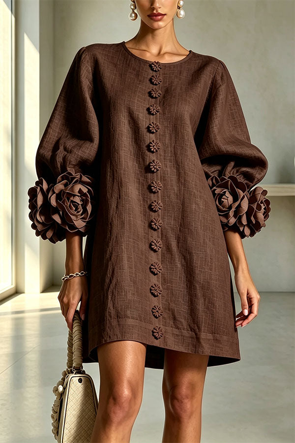 Rima Linen Blend Flowers Button Down Floral Cuffs Half Sleeve Mini Dress-Consonak