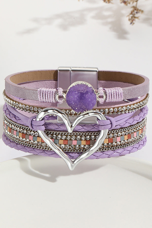 Bohemian Leather Cord Multi-layered Raw Stone Heart Bracelet | Consonak