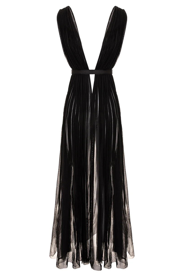 Sexy Muse Semi-sheer Tulle Fabric Fixed Back Tie-up Maxi Dress-consonak