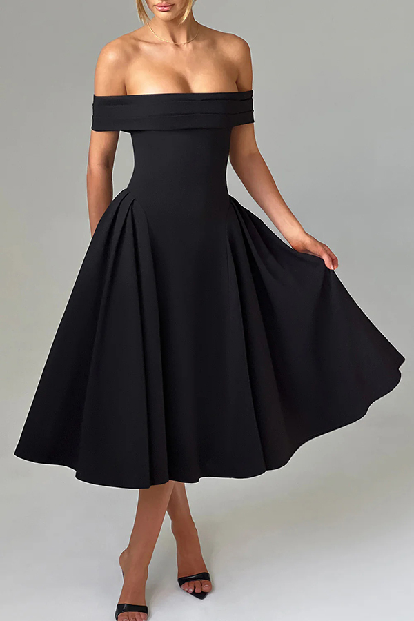 Princess Temperament Batdot Neck Pleat Detail Midi Dress-consonak