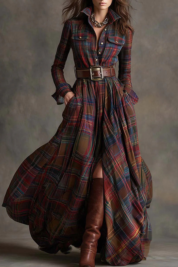 Retro Plaid Print Lapel Long-sleeved Pocket Maxi Dress-consonak