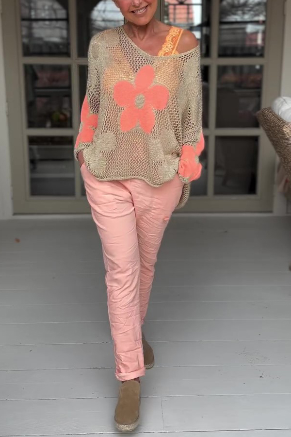 Embroidered Flower Hollow Long-sleeved Holiday Loose Knitted Top-consonak