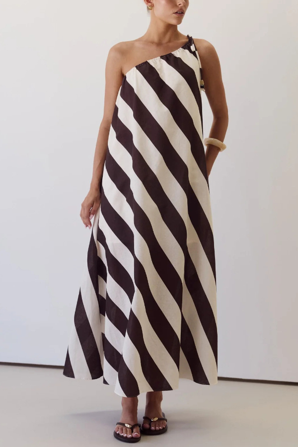 Fashionable Striped Print Loose One-shoulder Tie Vacation Maxi Dress