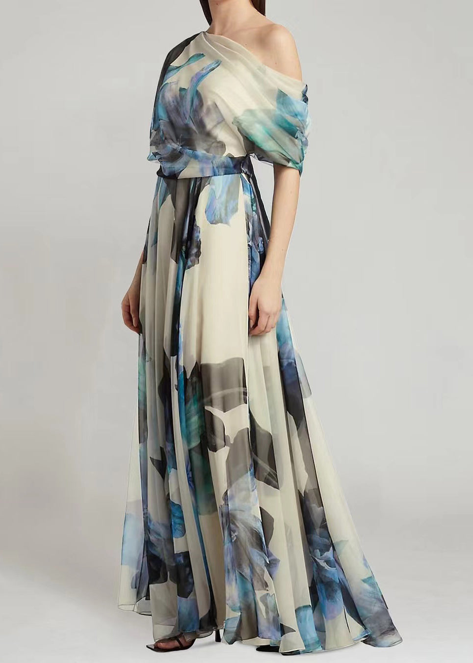 Ladies' French Sky Blue Asymmetric Printed Chiffon Long Skirt Summer | Consonak