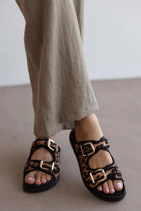 Leopard Print Double Button Women's Slippers-consonak