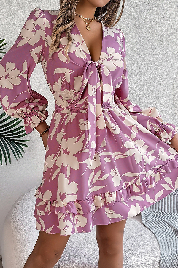 Floral Print V-neck Lace-up Long-sleeve Elastic Waist Mini Dress-consonak