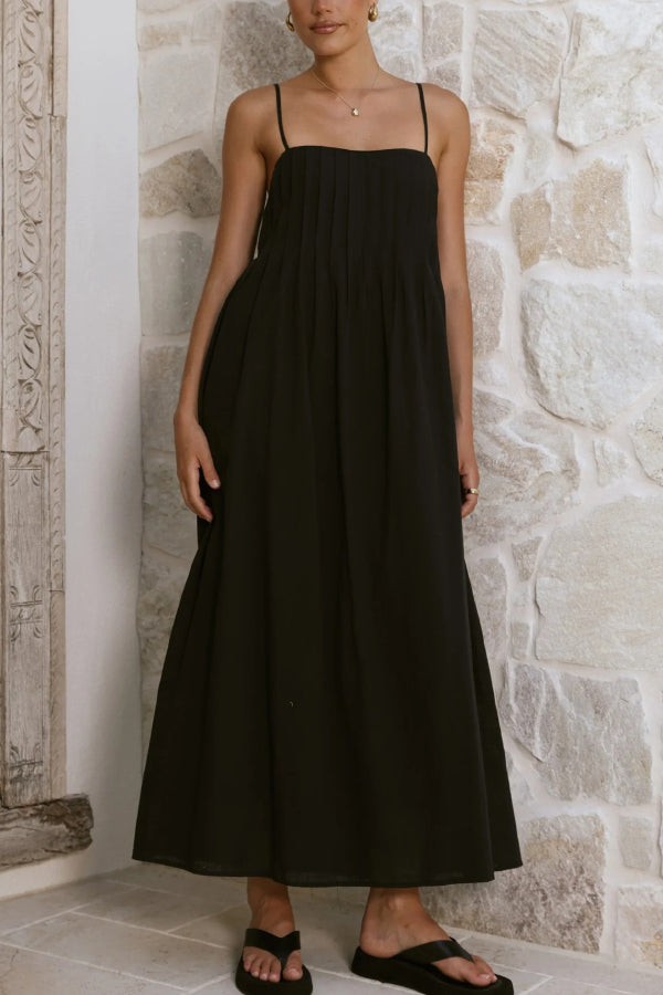 Solid Color Pleated Square Neck Suspender Casual Midi Dress