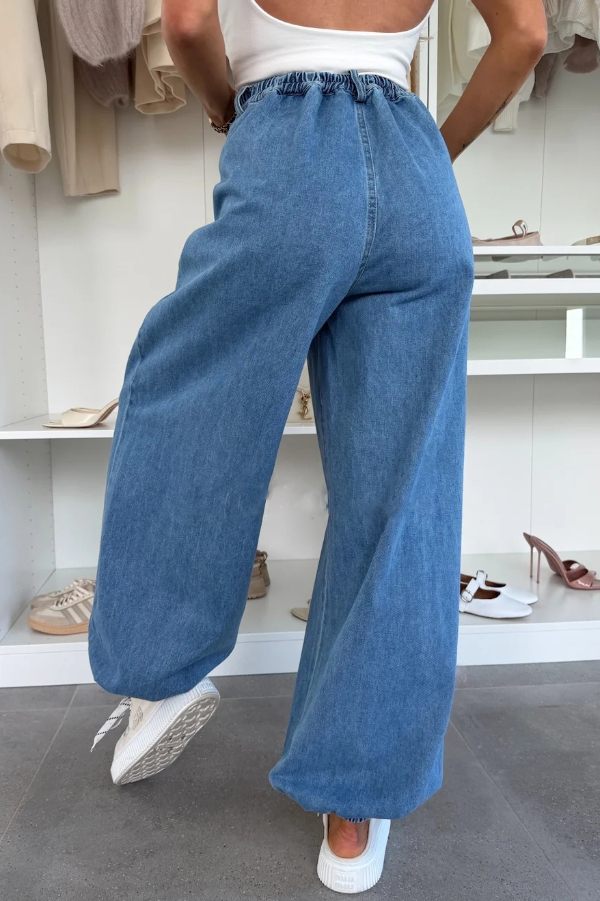 Stylish Denim High Rise Elastic Waist Pocket Loose Lantern Jeans-consonak