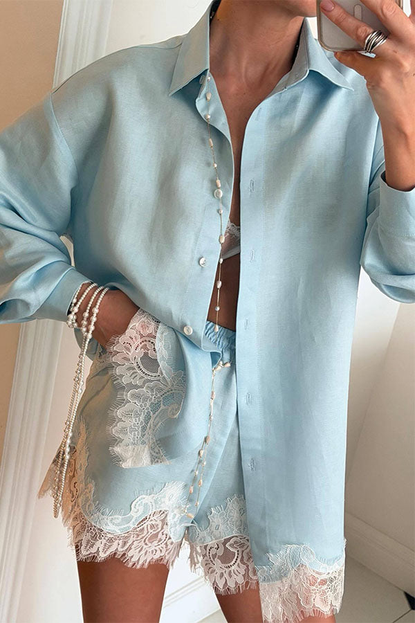 Linen Blend Shirt and Lace-trimmed Shorts Set-Consonak