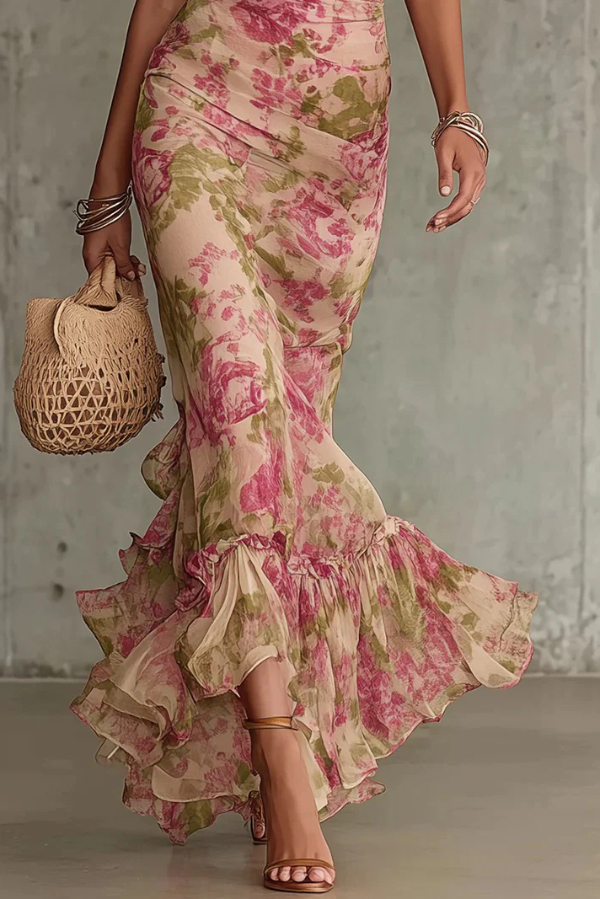 Unique Print Stand Collar Puff Sleeve Slim Fit Ruffle Maxi Dress | Consonak